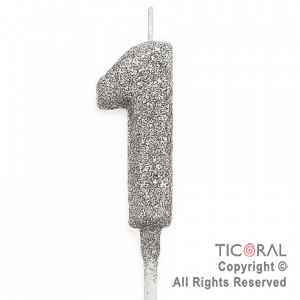 VELA NUMERAL CHICO 5.5 CM CON GIBRE PLATA NUMERO 1 x 1